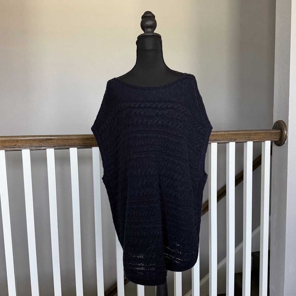 Talbots Linen Cotton Fisherman Sweater Vest Large Blue Coastal Prep Academia
